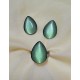 BIJ185H - Set inel si cercei bronz antic cu cabochon cat eye verde pal